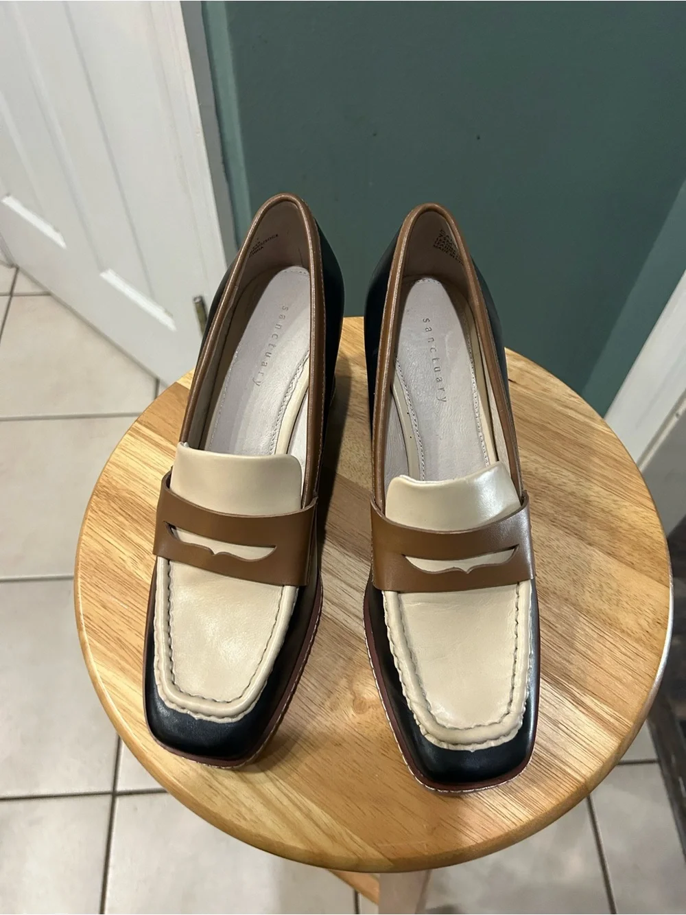 Sanctuary Tri-Tone Wedge Loafers in Black, Brown & Cream